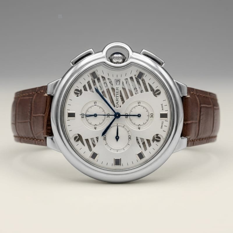 Cartier Ballon Bleu Chronograph – Silver Skeleton Dial with Brown Alligator Leather Strap - Image 2