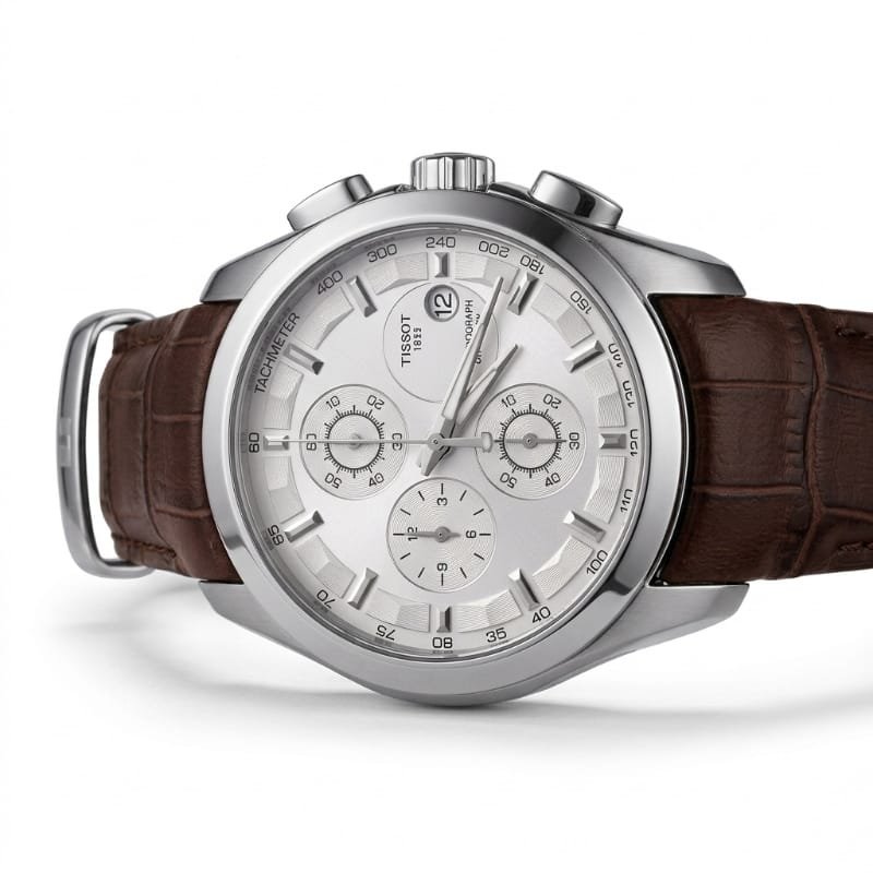 Tissot Couturier Chronograph Automatic Men's Watch – Silver Dial with Brown Leather Strap - Image 2