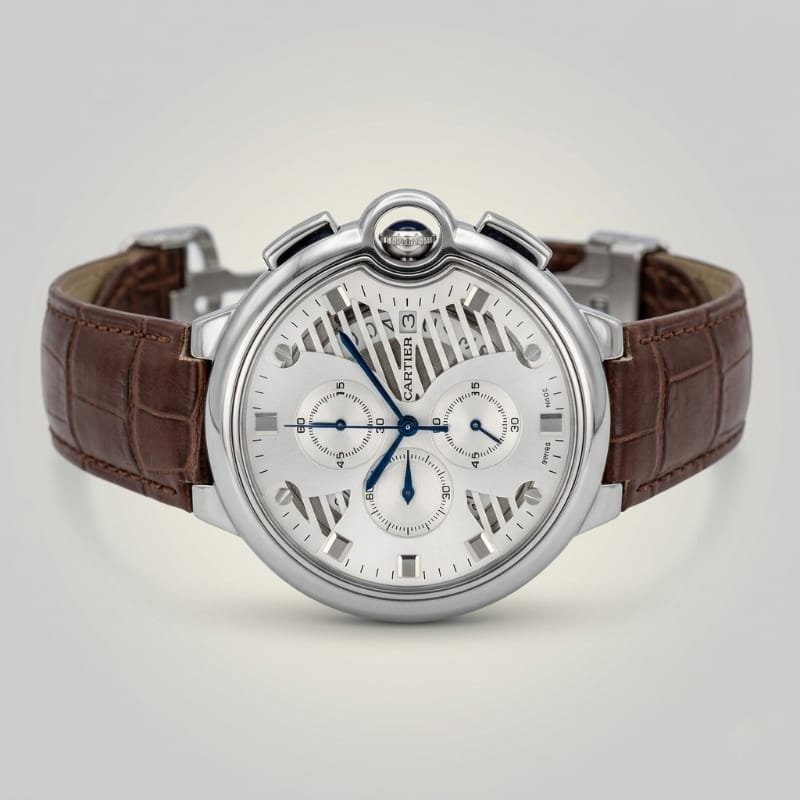 Cartier Ballon Bleu Chronograph – Silver Skeleton Dial with Brown Alligator Leather Strap - Image 7