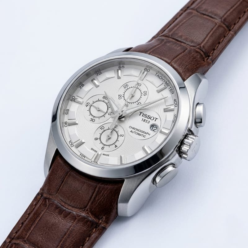 Tissot Couturier Chronograph Automatic Men's Watch – Silver Dial with Brown Leather Strap - Image 3