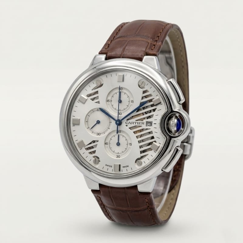 Cartier Ballon Bleu Chronograph – Silver Skeleton Dial with Brown Alligator Leather Strap - Image 3