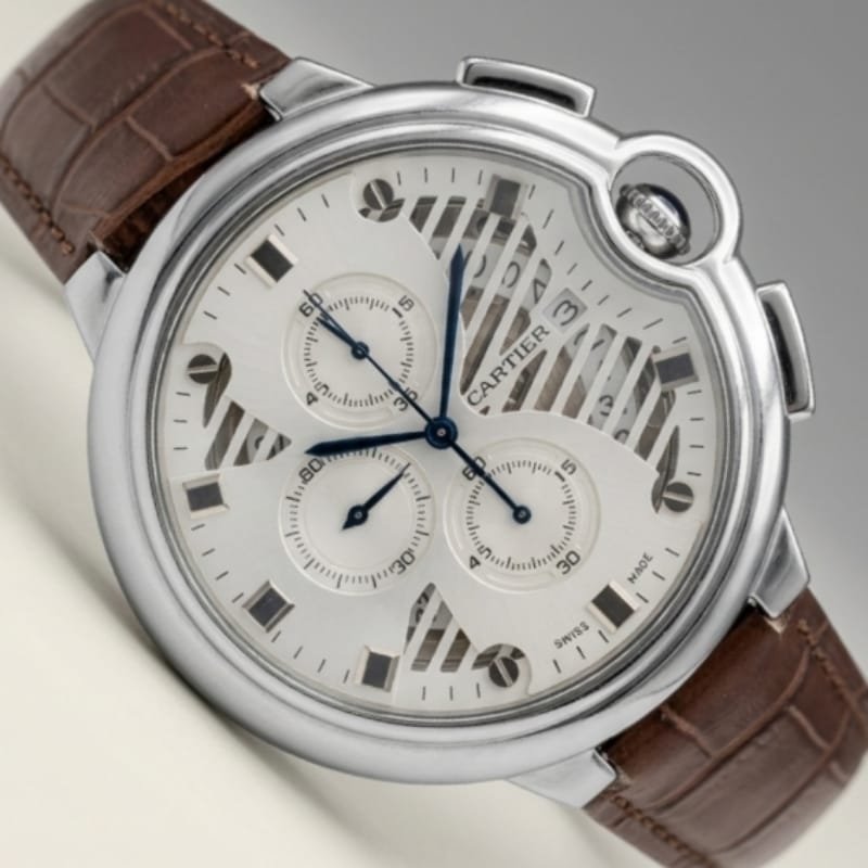 Cartier Ballon Bleu Chronograph – Silver Skeleton Dial with Brown Alligator Leather Strap - Image 4