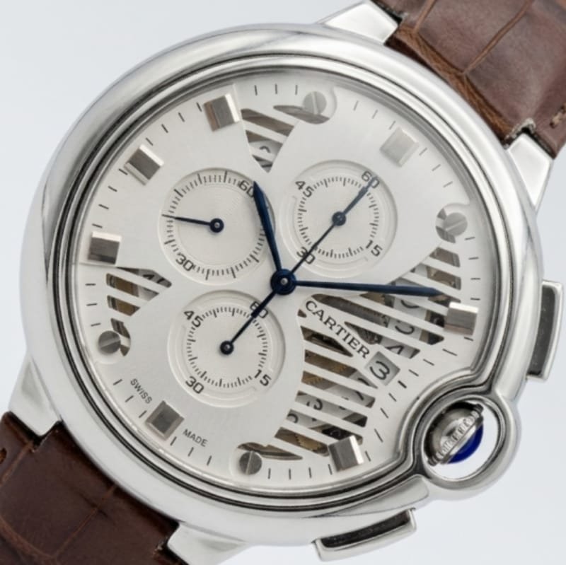 Cartier Ballon Bleu Chronograph – Silver Skeleton Dial with Brown Alligator Leather Strap - Image 5