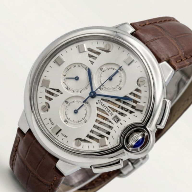 Cartier Ballon Bleu Chronograph – Silver Skeleton Dial with Brown Alligator Leather Strap - Image 6