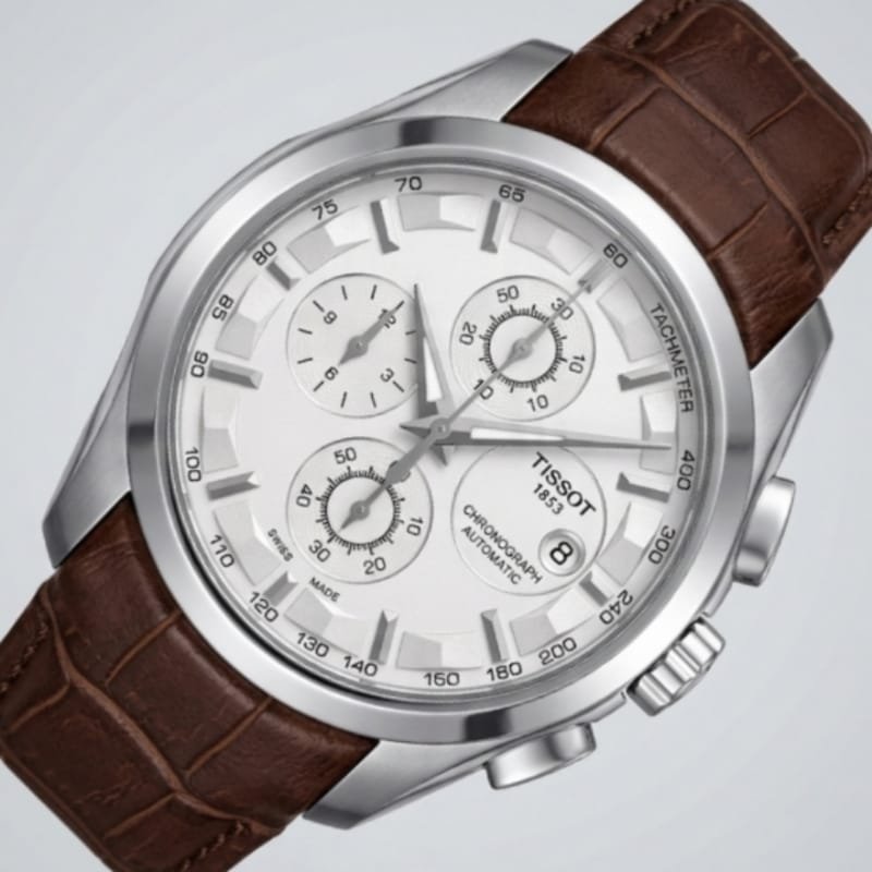 Tissot Couturier Chronograph Automatic Men's Watch – Silver Dial with Brown Leather Strap - Image 7